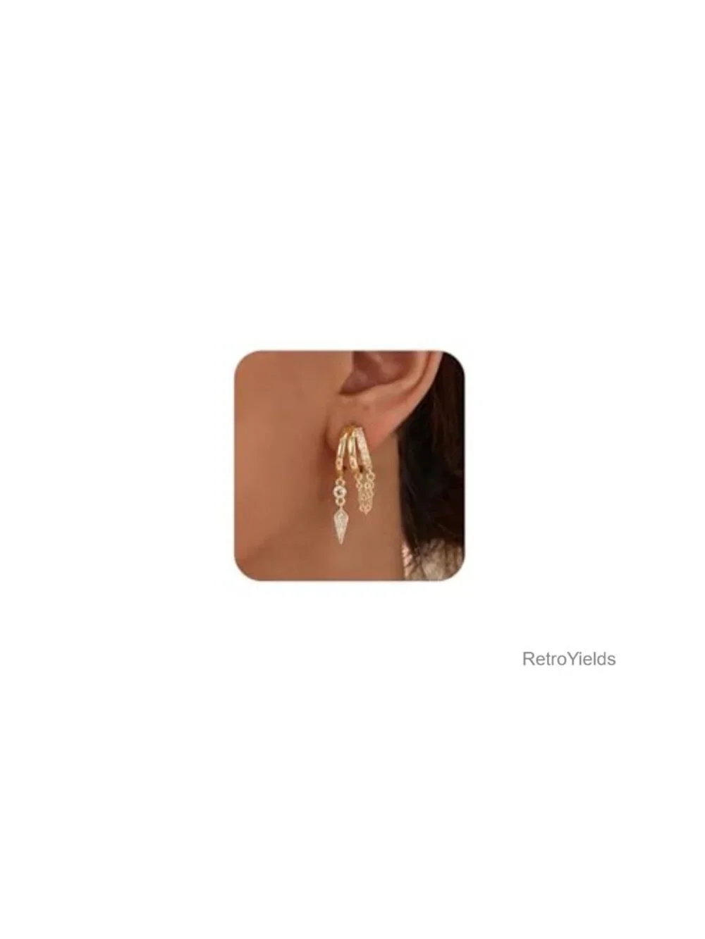 14K Gold Plated Triple Stud Drop Earrings CZ Chain Dangle